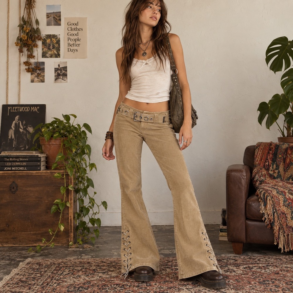 Vintage Y2K Zana Di Low Rise Corduroy Lace Up Flare Pants Sz 7 Belt Boho Grunge